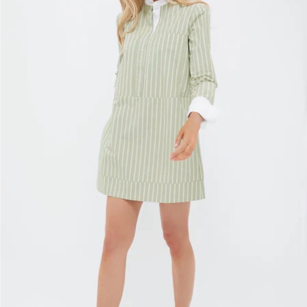 Pomander Place Sage Green Stripe Shirt Dress with White Collar